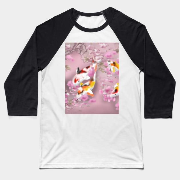 Koi carp with sakura reflections in a pink pond Baseball T-Shirt by cuisinecat